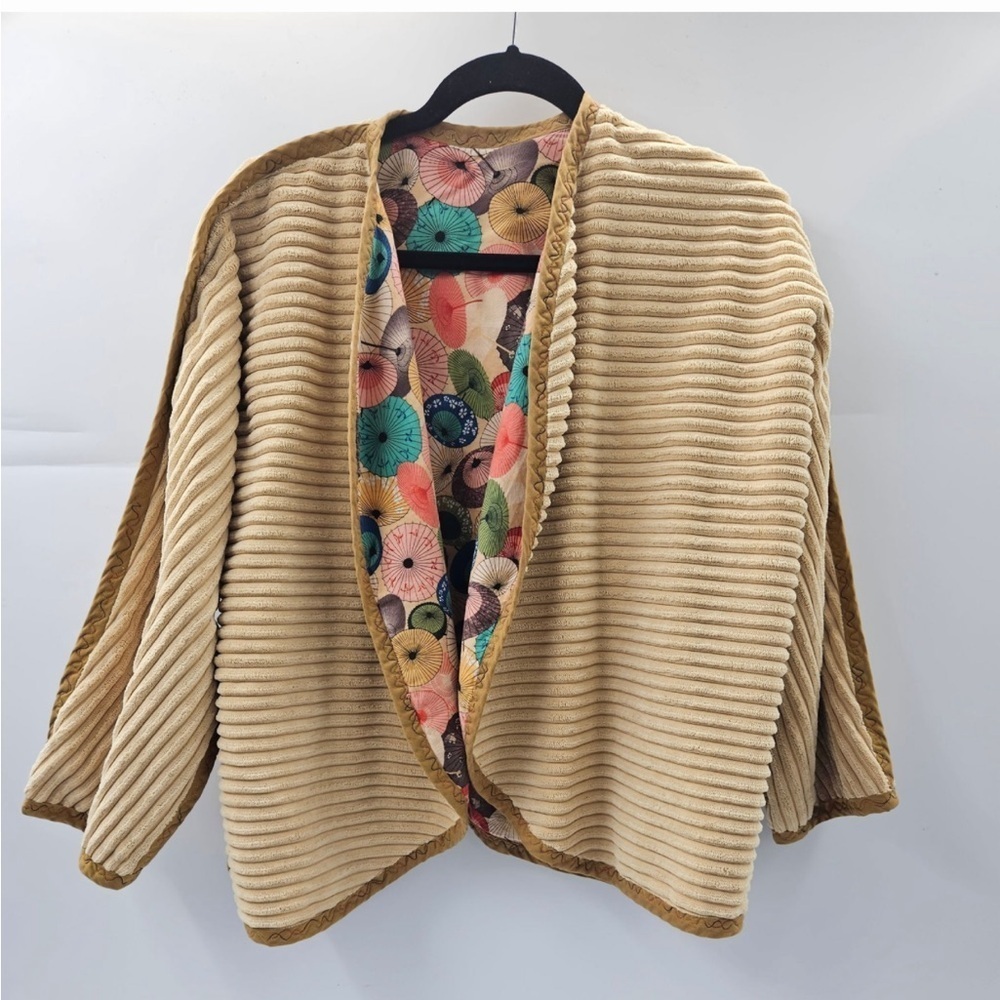 Reversible Corduroy Jacket Beige Ribbed Outer—Colorful Abstract Inner • Size M